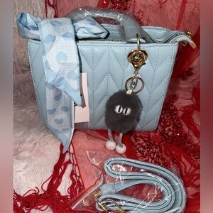 Sky Blue Quilted Hand Bag And Wallet Combo With Purse Charm And Scarf